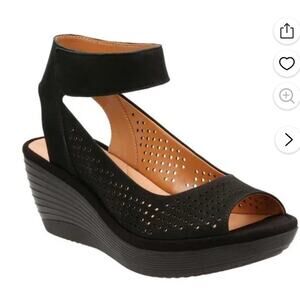 Clarks Reedly Salene Wedge Ankle Strap Shoes Womens Size 11M Black Platform EUC